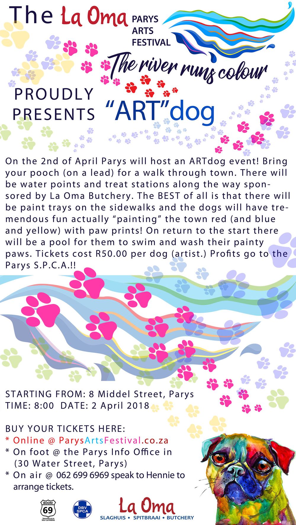 Official ArtDog poster, Parys Arts Festival — dog-walk art event, 2 April 2018